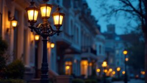 A photograph of a beautifully restored cast iron light post in an urban setting