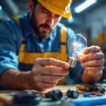 A photograph of a lighting contractor examining a 13w bulb in a well-lit workspace