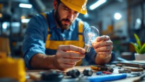 A photograph of a lighting contractor examining a 13w bulb in a well-lit workspace