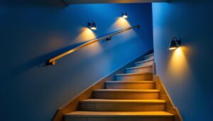 A photograph of a well-lit basement staircase showcasing stylish lighting fixtures that enhance safety and aesthetics