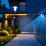 A photograph of a well-lit outdoor space showcasing a security lighting system integrated with a camera