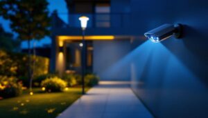 A photograph of a well-lit outdoor space showcasing a security lighting system integrated with a camera