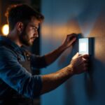 A photograph of a lighting professional expertly installing or adjusting a sleek