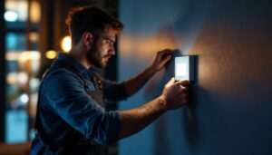 A photograph of a lighting professional expertly installing or adjusting a sleek