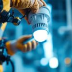 A photograph of a close-up of a fluorescent tube light socket being installed by a lighting contractor