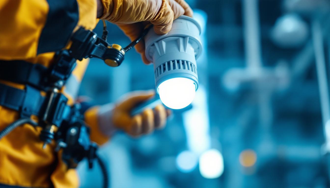 A photograph of a close-up of a fluorescent tube light socket being installed by a lighting contractor