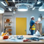 A photograph of a well-organized workspace featuring various ceiling light fixture parts