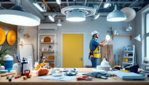 A photograph of a well-organized workspace featuring various ceiling light fixture parts