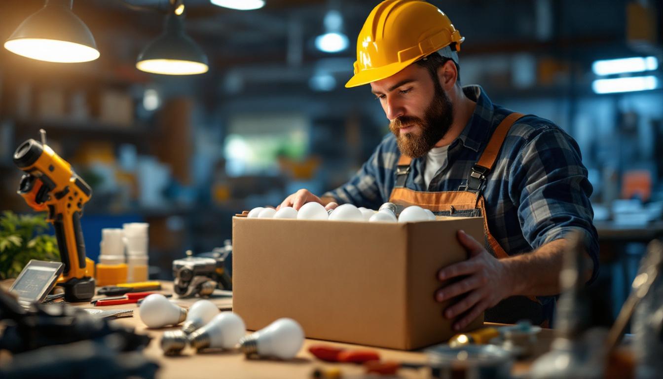 A photograph of a lighting contractor examining a box of bulk led light bulbs in a well-lit workspace