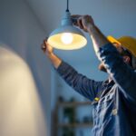 A photograph of a lighting contractor expertly installing a modern