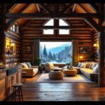 A photograph of a beautifully designed log cabin interior featuring warm