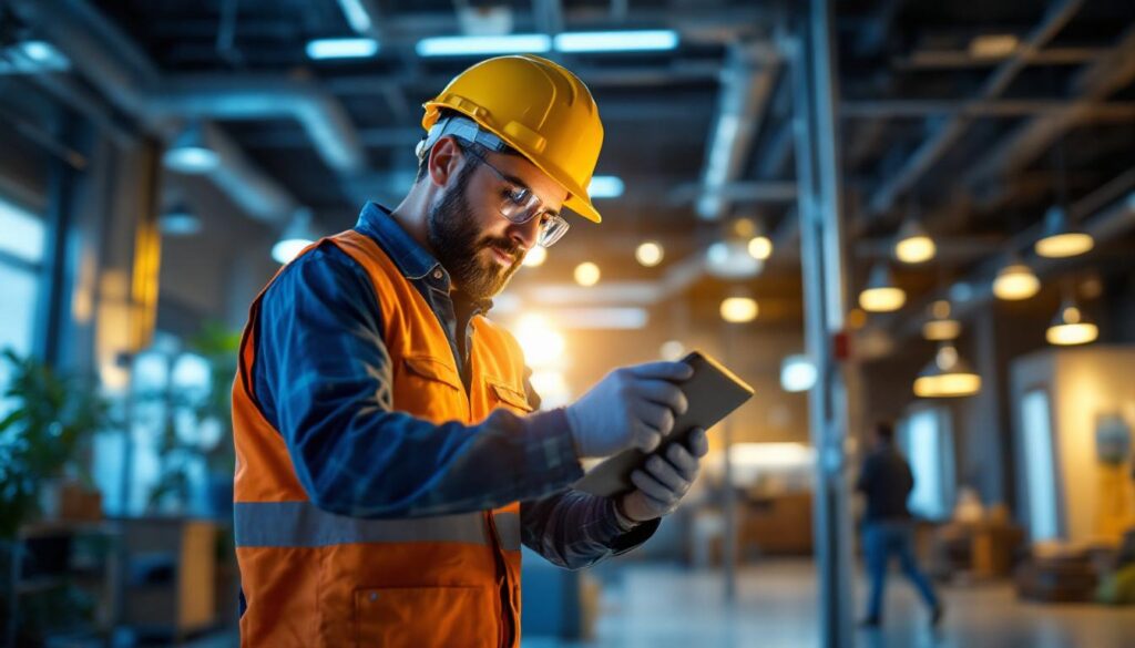 A photograph of a lighting contractor working on a project
