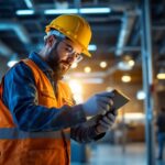 A photograph of a lighting contractor working on a project