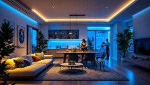 A photograph of a well-lit interior space showcasing 4-inch led can lights installed in a modern home
