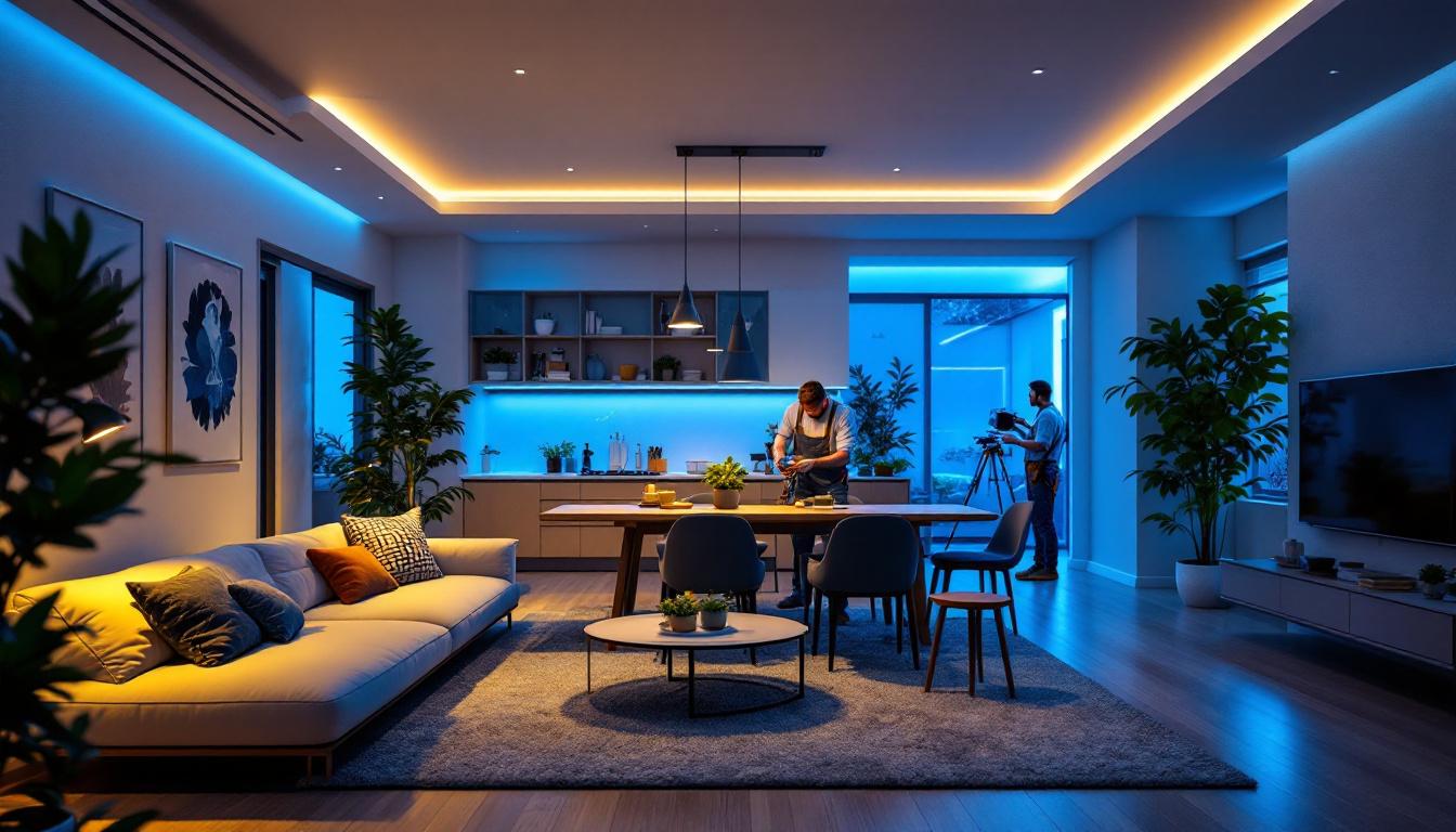 A photograph of a well-lit interior space showcasing 4-inch led can lights installed in a modern home