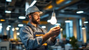 A photograph of a lighting contractor installing or showcasing 40w type b lamps in a well-lit commercial space