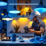 A photograph of a lighting contractor skillfully installing a variety of innovative lighting fixtures in a beautifully lit space