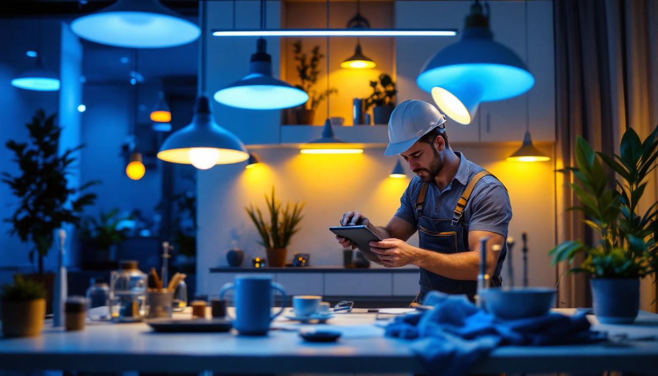 A photograph of a lighting contractor skillfully installing a variety of innovative lighting fixtures in a beautifully lit space