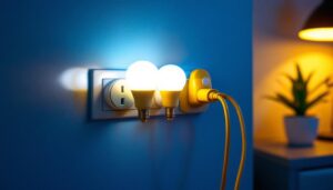 A photograph of a well-lit electrical outlet in a stylish interior setting