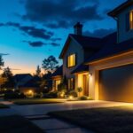 A photograph of a well-lit outdoor security lighting installation at dusk