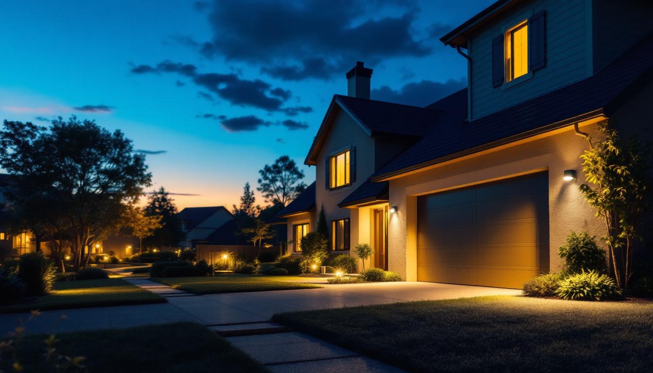 A photograph of a well-lit outdoor security lighting installation at dusk