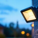A photograph of a motion sensor flood light bulb installed in an outdoor setting