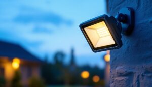 A photograph of a motion sensor flood light bulb installed in an outdoor setting