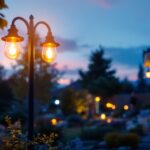 A photograph of a beautifully illuminated outdoor electric light post in a residential setting