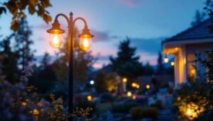 A photograph of a beautifully illuminated outdoor electric light post in a residential setting