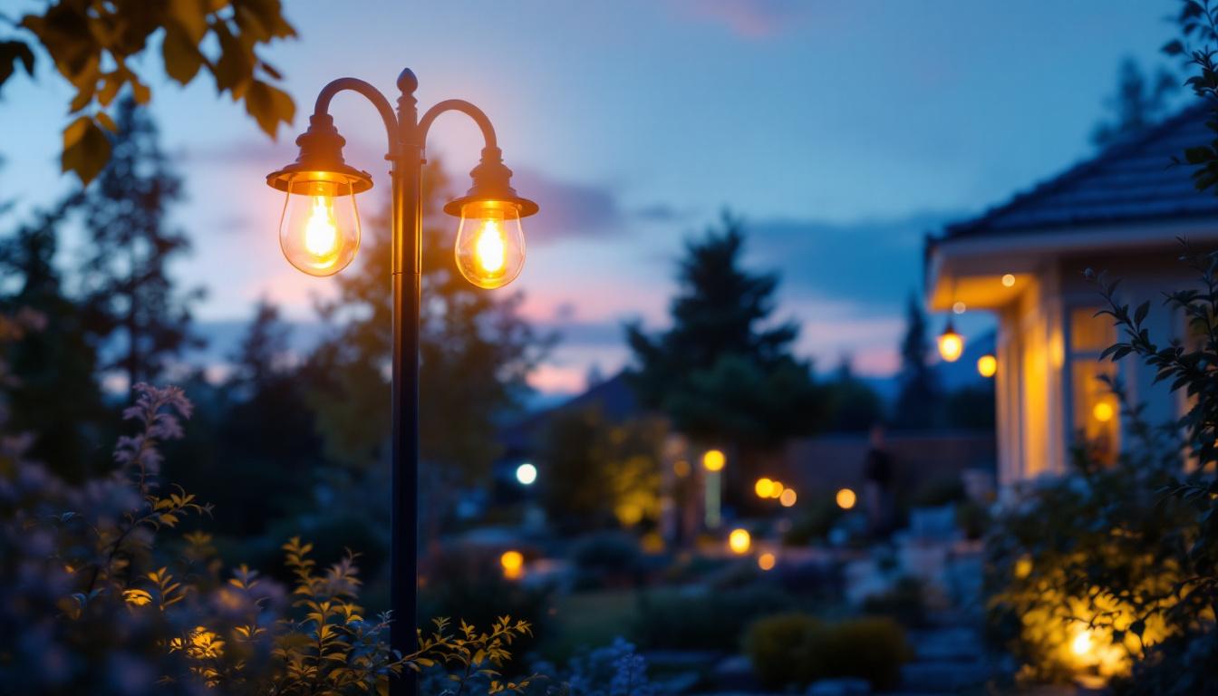 A photograph of a beautifully illuminated outdoor electric light post in a residential setting