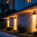 A photograph of a beautifully illuminated outdoor space featuring solar wall lights installed on a home