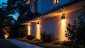 A photograph of a beautifully illuminated outdoor space featuring solar wall lights installed on a home