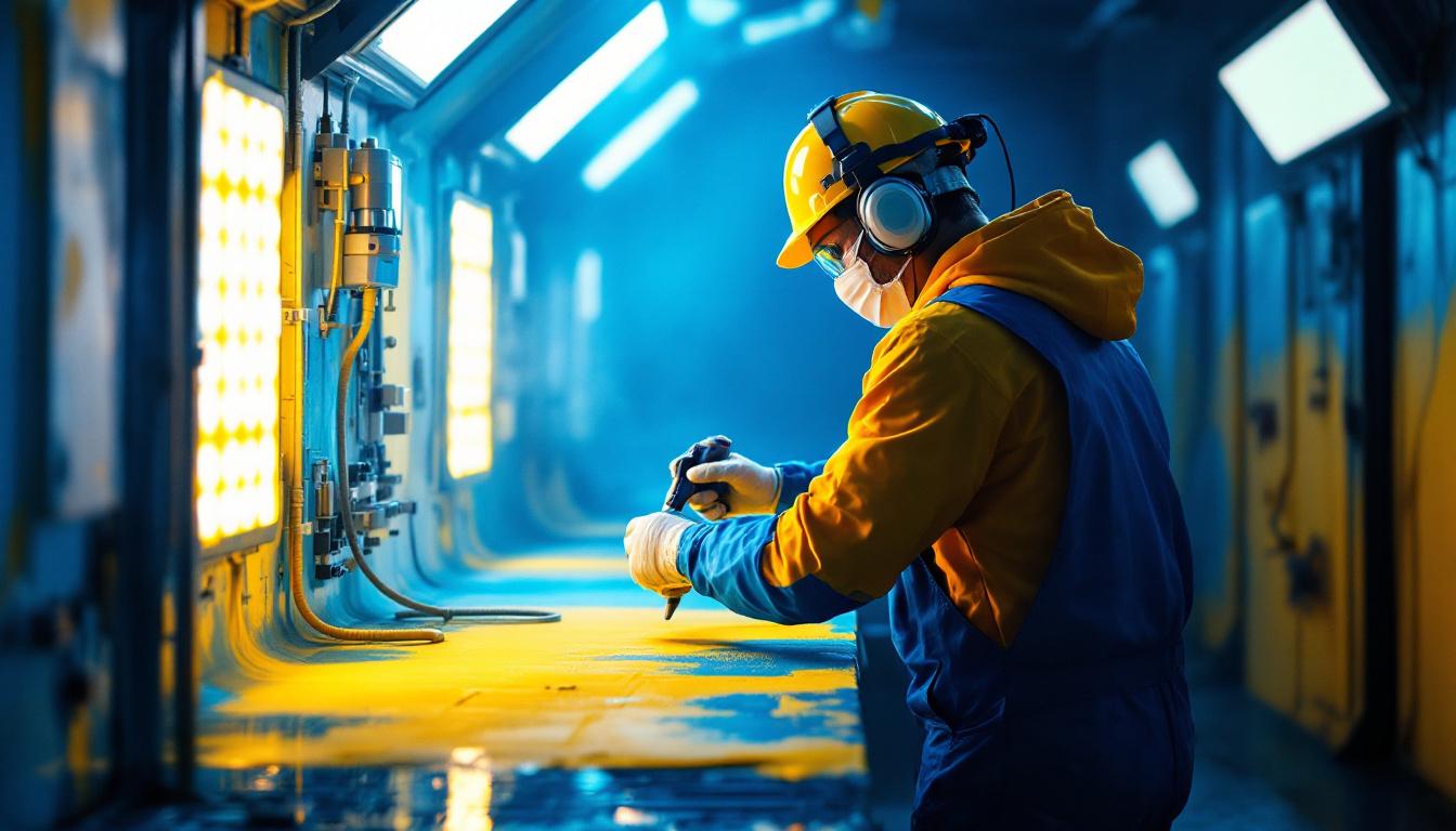 A photograph of a well-lit paint booth showcasing a lighting contractor at work