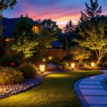 A photograph of a beautifully illuminated outdoor landscape at dusk