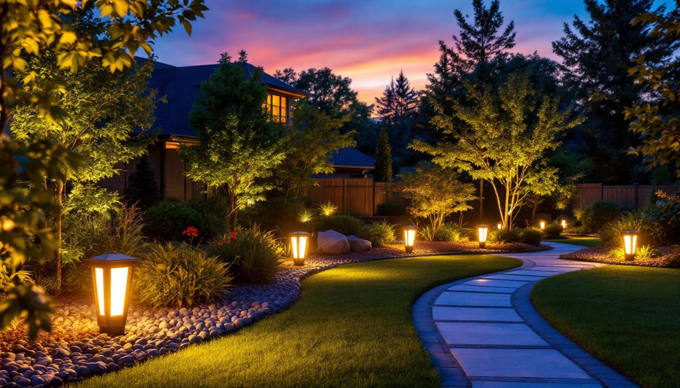 A photograph of a beautifully illuminated outdoor landscape at dusk