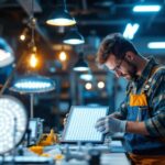 A photograph of a lighting contractor working with various sizes of led light fixtures in a well-lit workspace