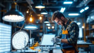 A photograph of a lighting contractor working with various sizes of led light fixtures in a well-lit workspace