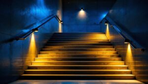 A photograph of a beautifully illuminated indoor staircase featuring smart lighting solutions