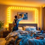 A photograph of a lighting contractor expertly installing led bed lights in a stylish bedroom setting