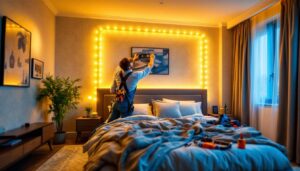 A photograph of a lighting contractor expertly installing led bed lights in a stylish bedroom setting