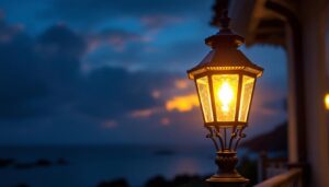 A photograph of a beautifully designed nautical lamp post illuminated at dusk