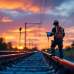 A photograph of a lighting contractor installing rail solar lights along a train track at dusk