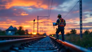 A photograph of a lighting contractor installing rail solar lights along a train track at dusk