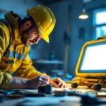 A photograph of a lighting contractor in action