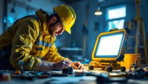 A photograph of a lighting contractor in action
