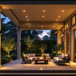 A photograph of a beautifully designed porch featuring modern recessed lighting
