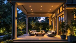 A photograph of a beautifully designed porch featuring modern recessed lighting