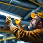 A photograph of a lighting contractor expertly installing or adjusting a t11 fluorescent light fixture in a commercial or industrial setting