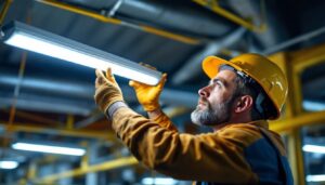 A photograph of a lighting contractor expertly installing or adjusting a t11 fluorescent light fixture in a commercial or industrial setting