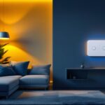 A photograph of a modern living room featuring a stylish dimmable led switch with a remote
